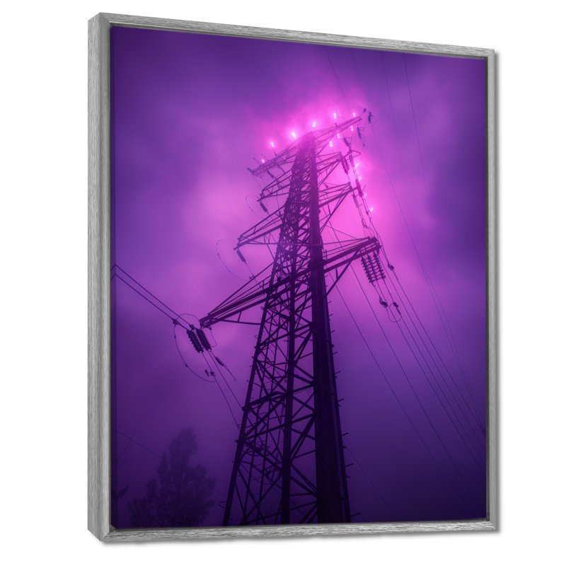 Éclipse mauve, lignes électriques - Photo II, Encadrement argenté, H 20 po x l 12 po x P 1 po