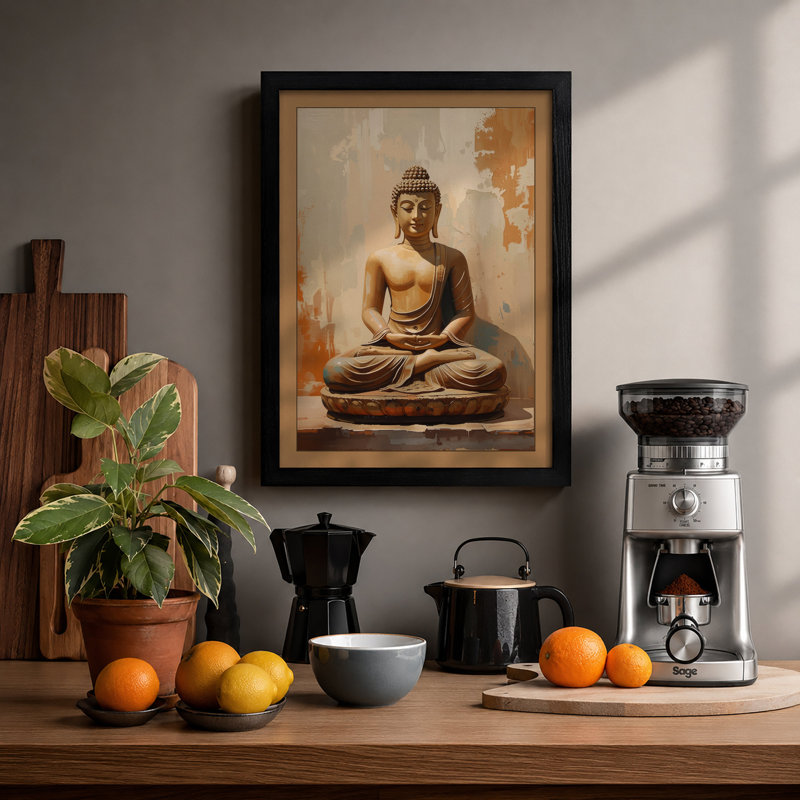 Seated Buddha in Stone Japandi - Framed Print, A2 - 59.4 x 42.0 cm, Black