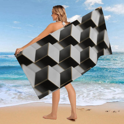 Serviette de plage à séchage rapide en microfibre noire et grise, 36 x 72 po