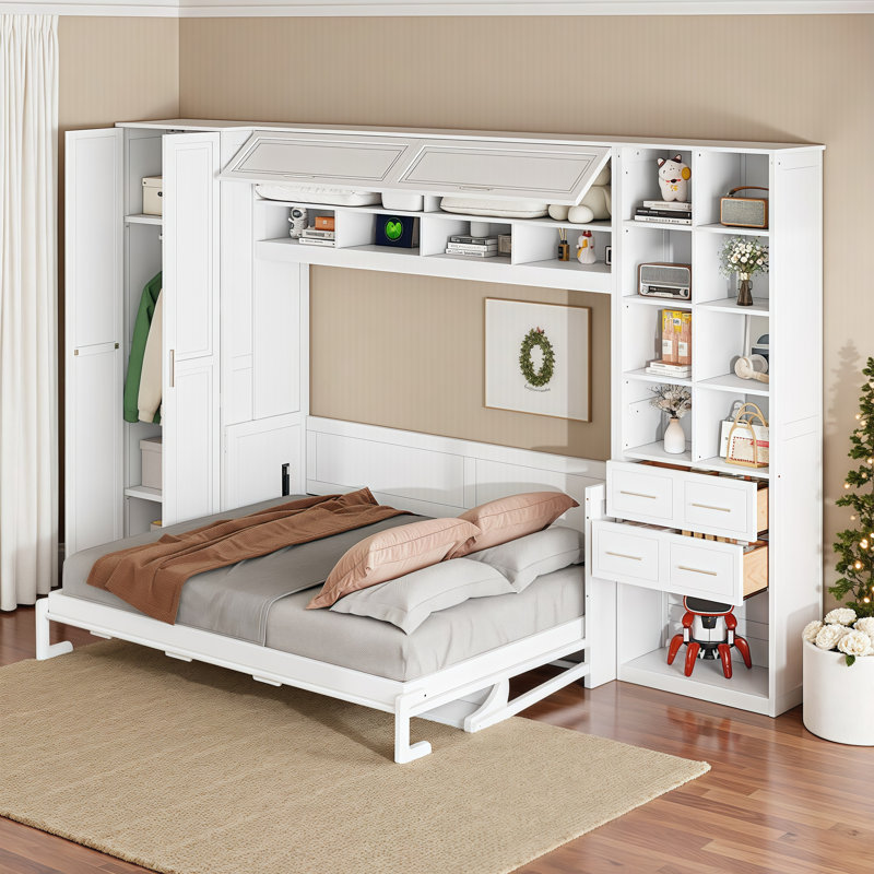 Queen Wall Bed System with Built-in Closet, Storage Drawers & Shelves - Space-Saving All-in-One Murphy Bed Solution
