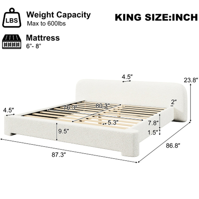 Lit très grand rembourré White Boucle, flexible pour différentes tailles de chambre à coucher, revêtement confortable de haute qualité, structure en bois, expérience de sommeil confortable