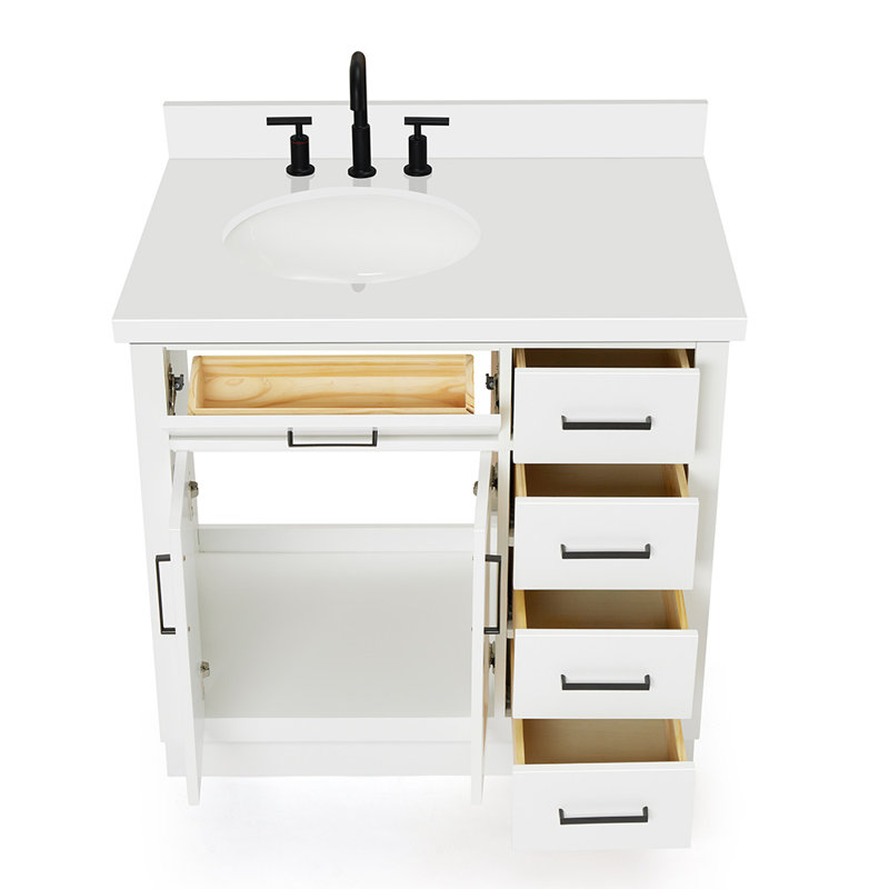 Meuble-lavabo simple en bois massif 36 po Tidworth avec plateau en quartz 1,5 po, Gauche, Ovale, Blanc