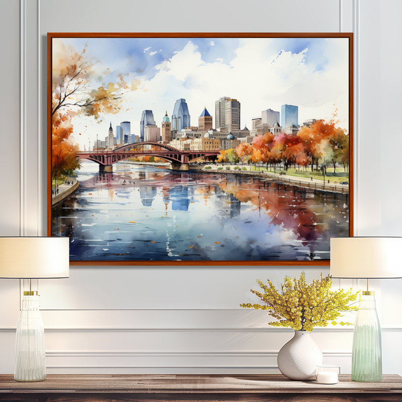 Minneapolis en automne I, H 16 po x l 32 po x P 1 po, Cadre flottant brun