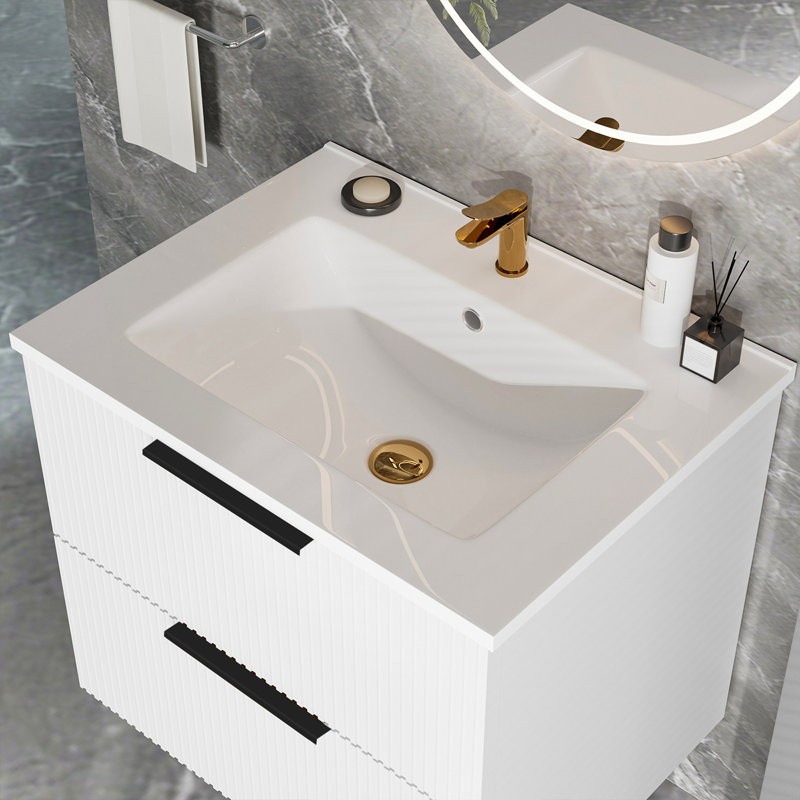 Meuble-lavabo de salle de bain avec lavabo et tiroirs en céramique, Matte White