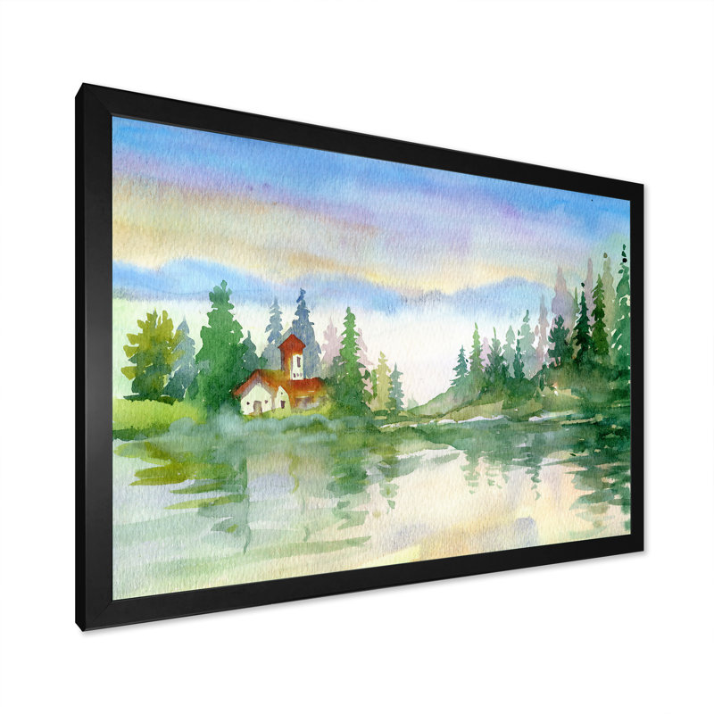 Paysage de rivière d'été avec arbres verts - Peinture sur toile, H 30 po x l 40 po, Cadre d'angle fermé noir