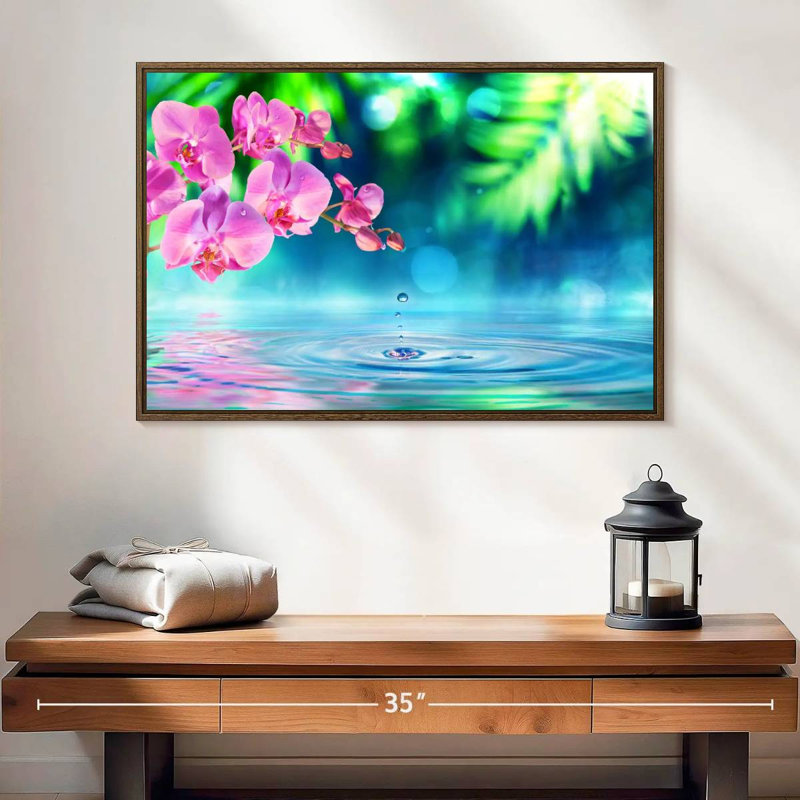 Orchidée zen, 25 po x 17 po, Cadre flottant noyer