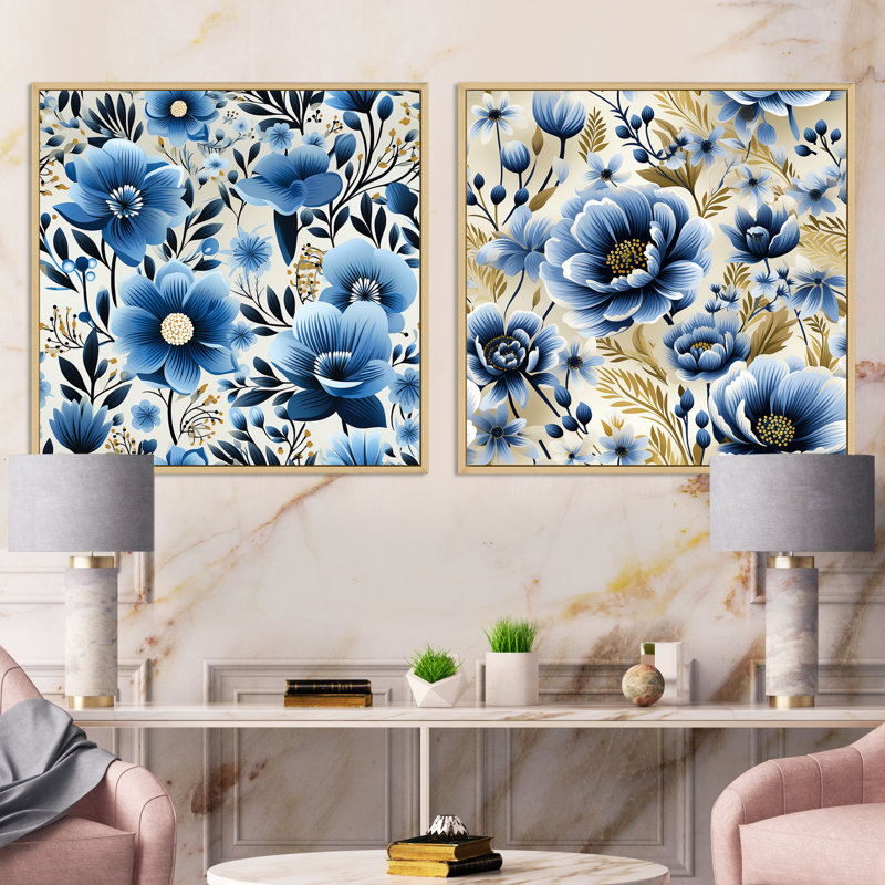 Heise - Ensemble de 2 collages floraux carrés, H 16 po x l 33 po, Cadre flottant brun