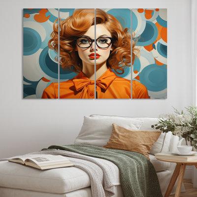«Orange Mid Century Retro Portraits IV» sur toile, reproduction de 4 pièces