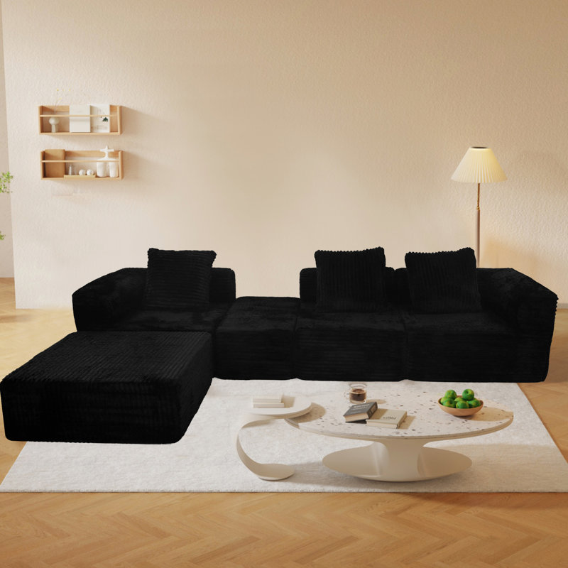 4 - Seat Modular Black Cloud Couch With And Oversized Chaise For Living Room, Medium Firm Seat, American Design, Us Foam, Standard 100 By , Stain , Machine Washable Pet , Smooth To Pilling Brushed