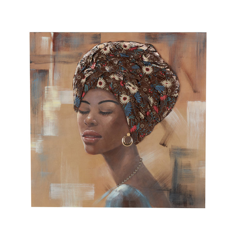 Cole et femme en toile grise, art mural avec coiffe en tissu 3D et bijoux en or