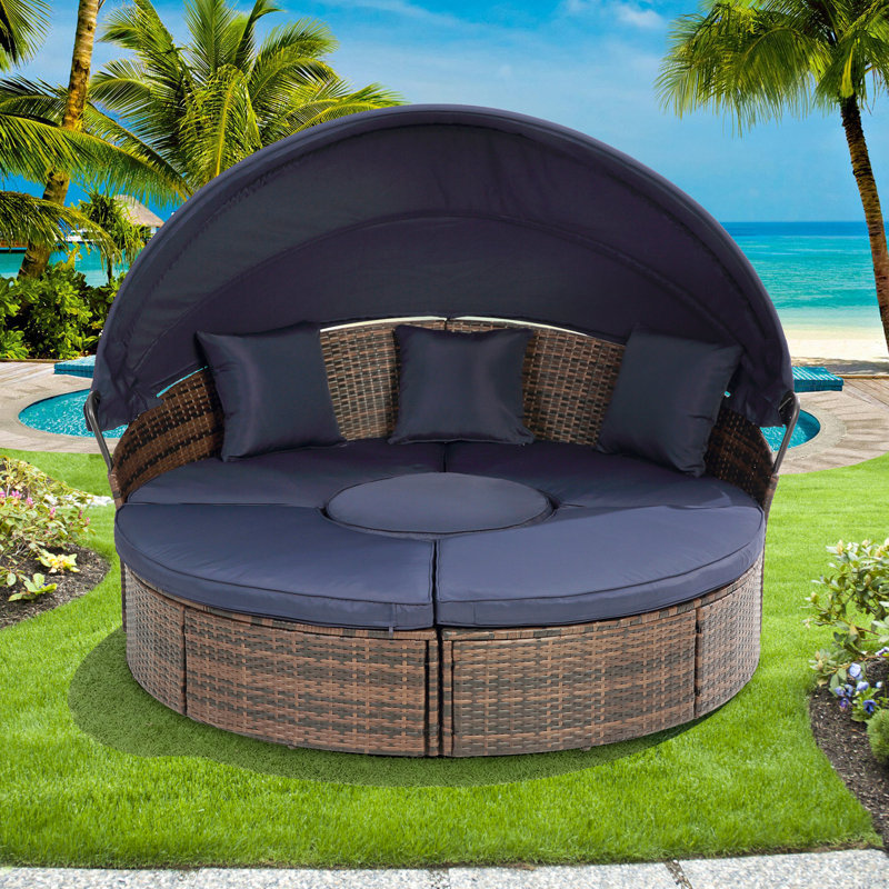 Alleshia 64.1" Wide Outdoor Wicker Round Patio Daybed with Cushions, Navy
