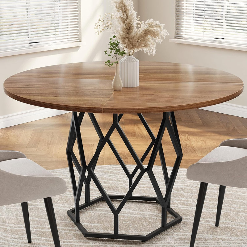 Table de salle à manger ronde, table de cuisine en bois de ferme de 47 po avec base robuste, Bois brun