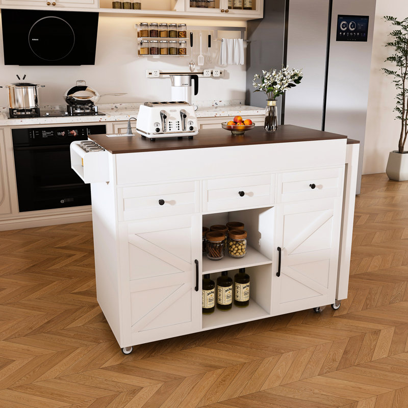 74.8" Kitchen Island With Extendable Dining Table, Power Outlet, 3 Drawers, 2 Door Cabinet - Flexible For And White Build Room