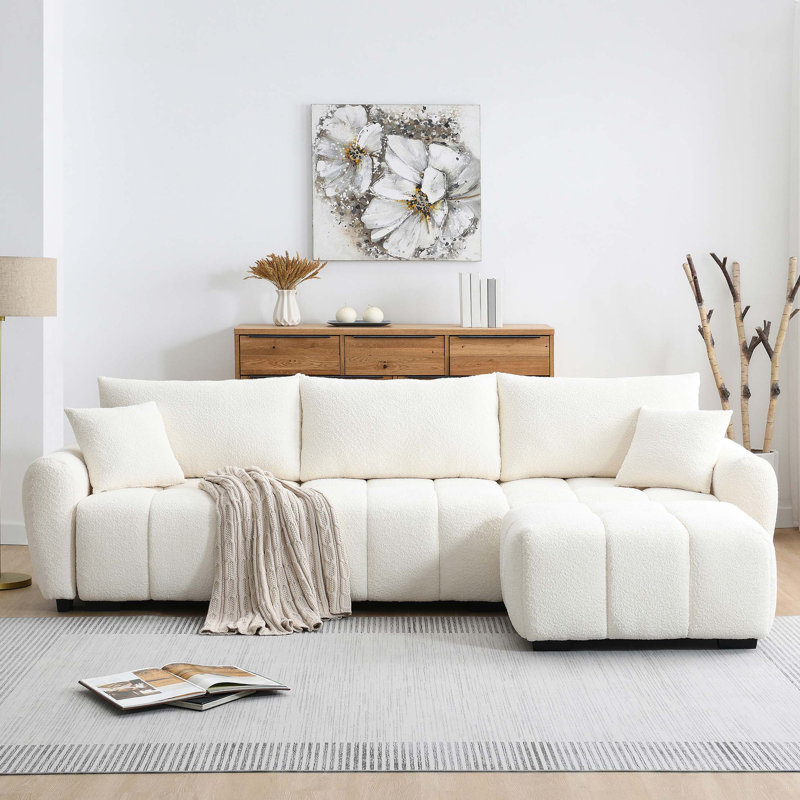 Canapé modulaire de 110 po en forme de L avec siège très grand, conception en ligne, repose-pieds mobile, mousse haute densité, combinaison libre, structure en métal et en bois robuste, tissu bouclé