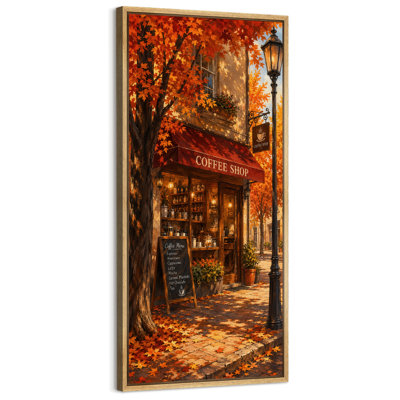 Autumn Coffee Shop Street Scene With Golden Leaves Cozy Cafe Decor Extra Large Pictures Framed Canvas Print Wall Art