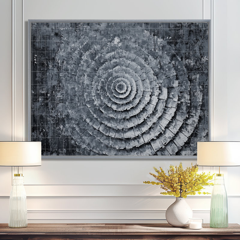 «Gray Horizon Spiral Maze», art mural fractal abstrait, Argent argent, H 12 po x l 20 po