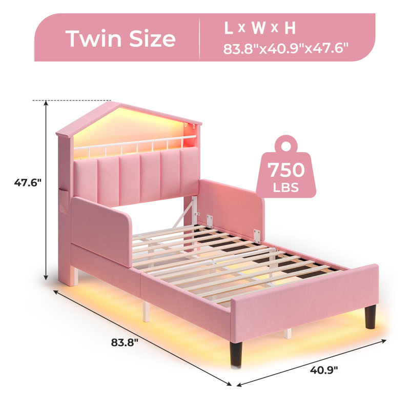 Twin Size Bed Frame with LED Lights, Velvet Upholstered Platform Bed with Safety Guardrail, Headboard with Charging Station and Hidden Storage, Pink
