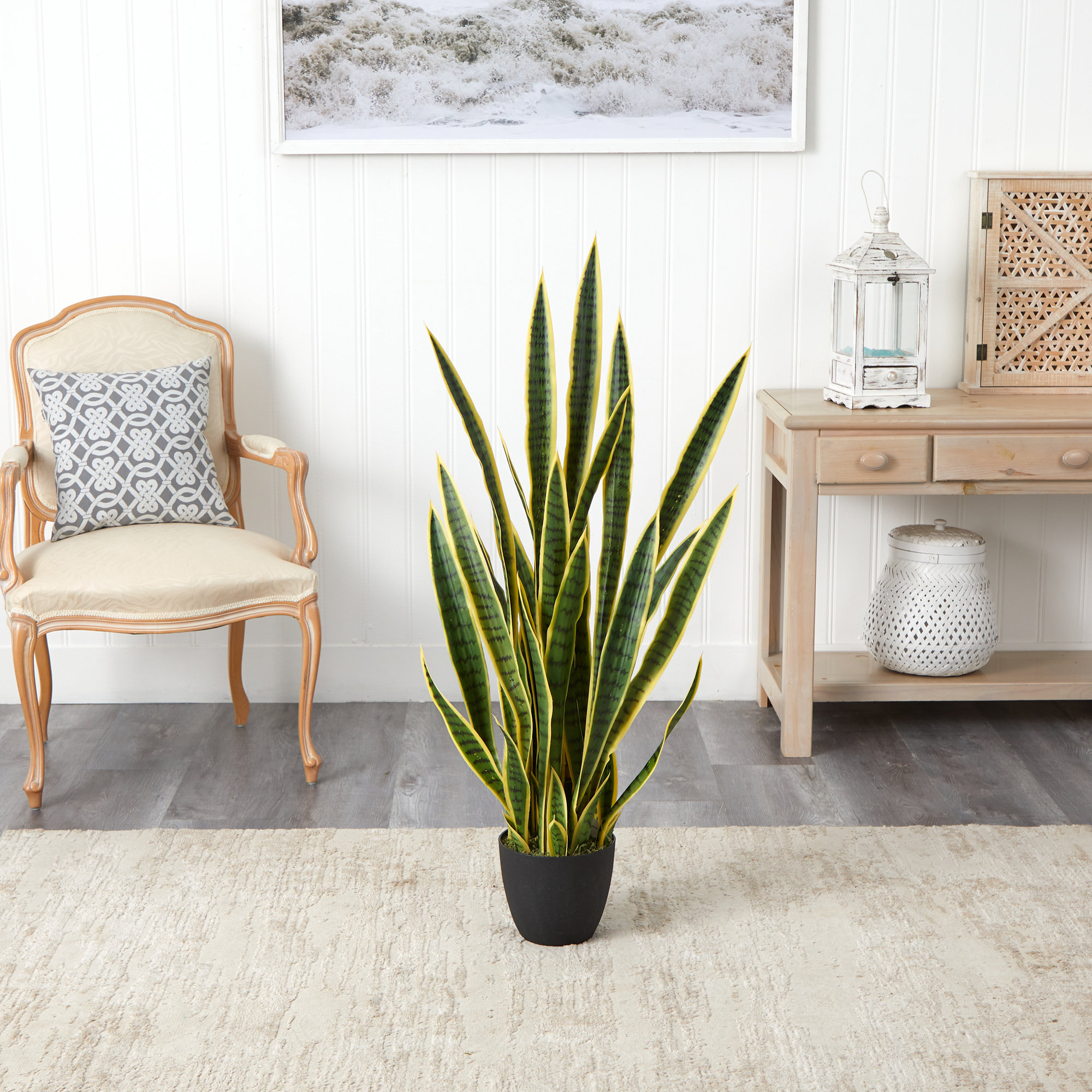 Charlton Home® 48'' Faux Snake Plant (Sansevieria) Plant in Stone Pot ...