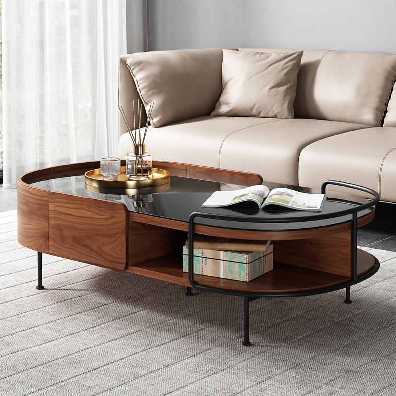 Rilei High-quality Coffee Table,Glass Top and Sintered Stone Top Available,Simple Assembly, Black Top/Black Base