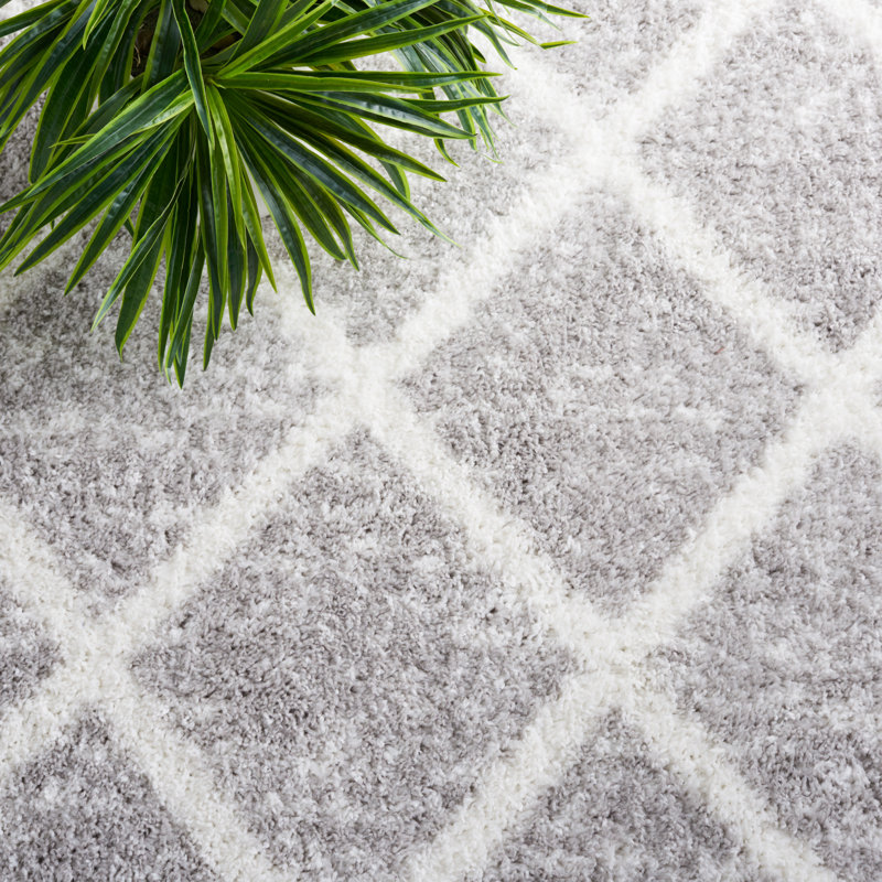 Grey and Ivory Geometric Shag Area Rug 4'5" x 6'5"
