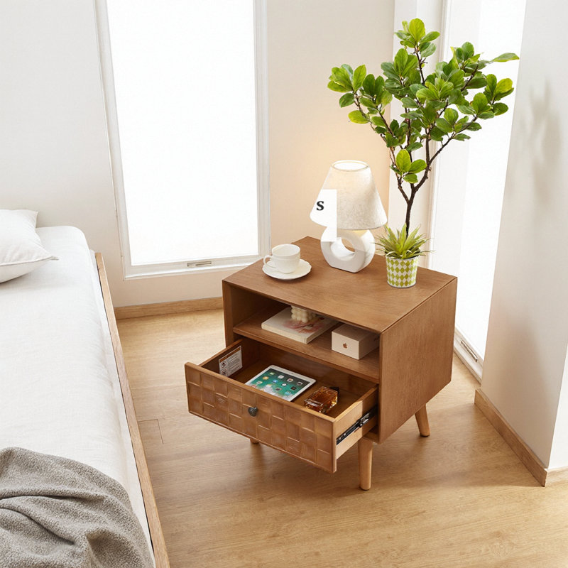 Table de chevet avec tiroir géométrique sculpté, tablette ouverte, Chêne doré