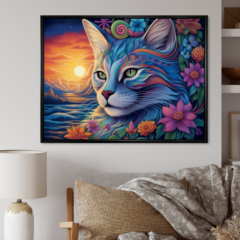 " Magical Cat Grace I ", Black Floater Framed, 30" H x 40" W x 1.5" D