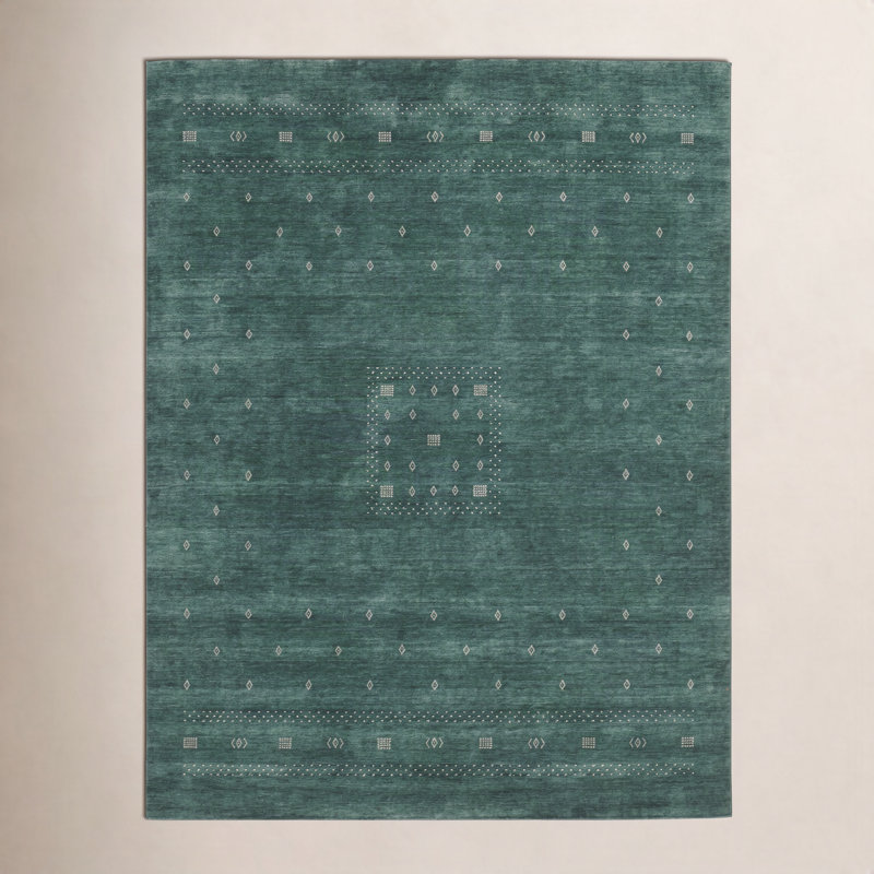 Simi Hand Knotted Cotton/Wool Southwestern Area Rug, Green, Rectangle 10' x 14'