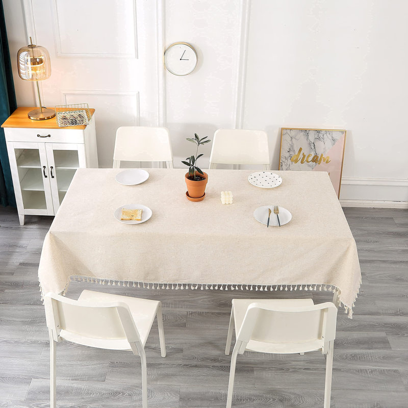 Beige Rectangular Cotton Linen Tablecloth with Tassel, Washable, Perfect for Kitchen, Dining, Parties