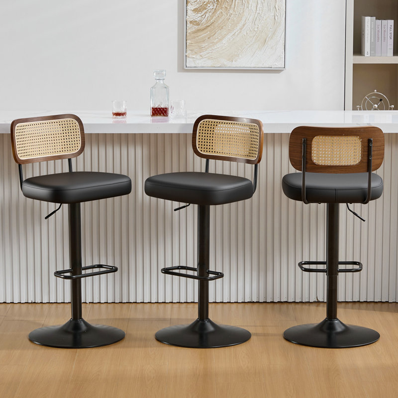 Tabourets de bar pivotants à hauteur ajustable 360 ° avec dossier en rotin, Noir