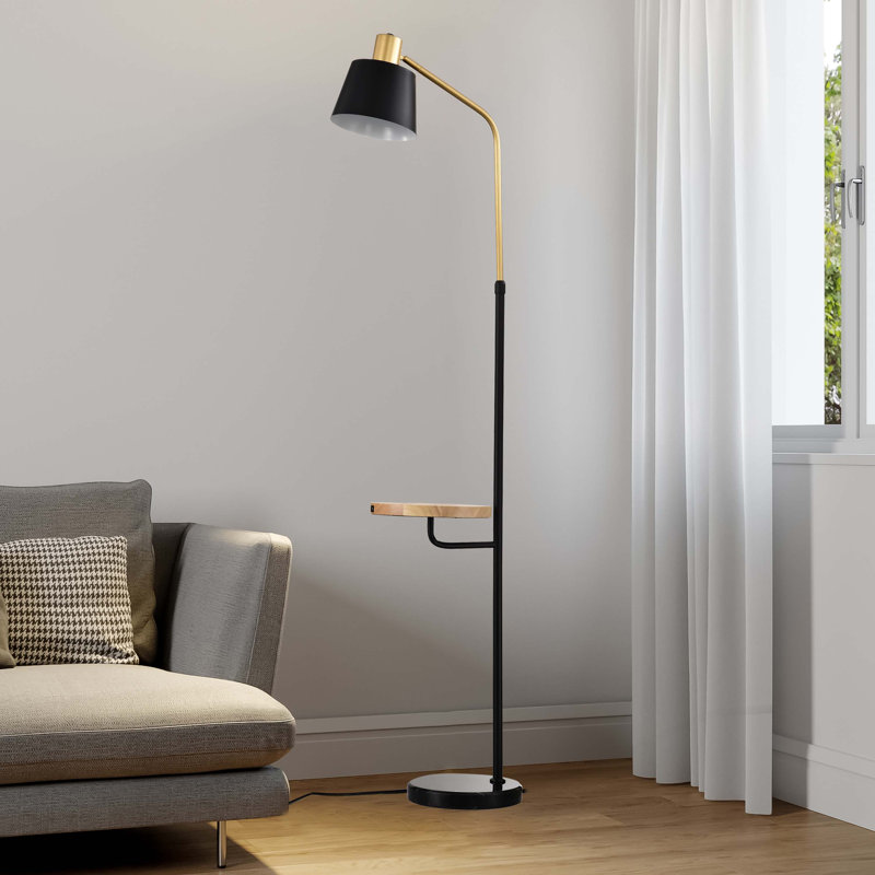 Real Marble Floor Lamp with Wood Bedside Nightstand End Table and Built-in USB Charging Port