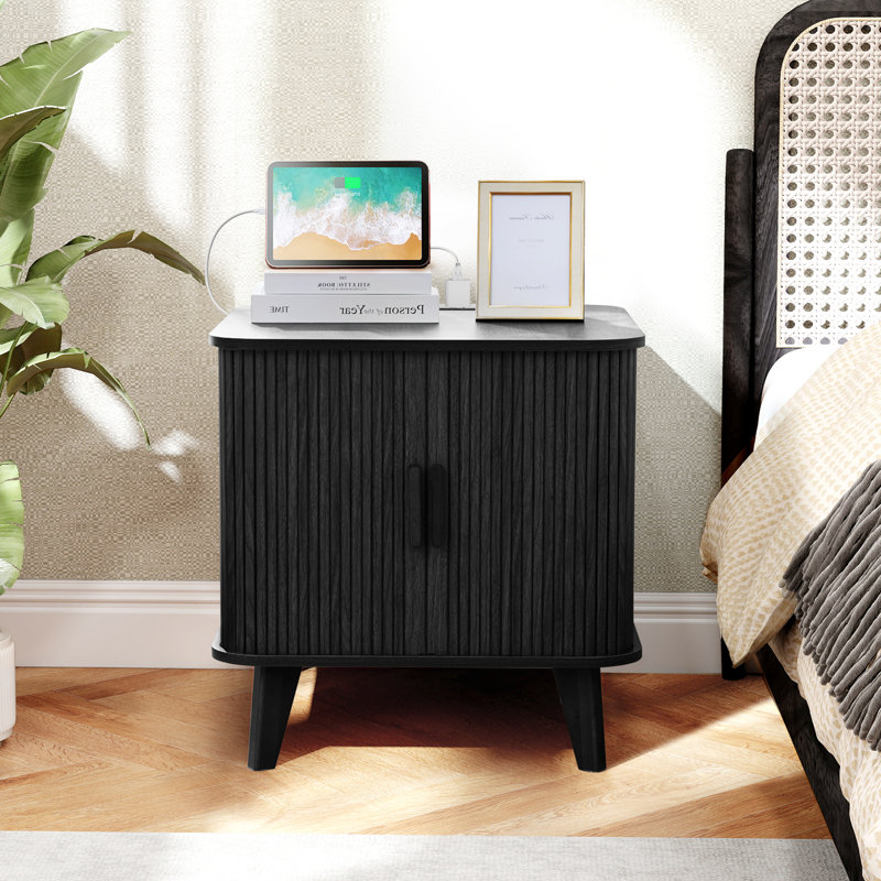 End Table with Storage and Charging Station, Black