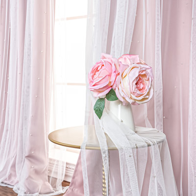 Pearl Beaded Tulle Overlay Room Darkening Grommet Curtains
