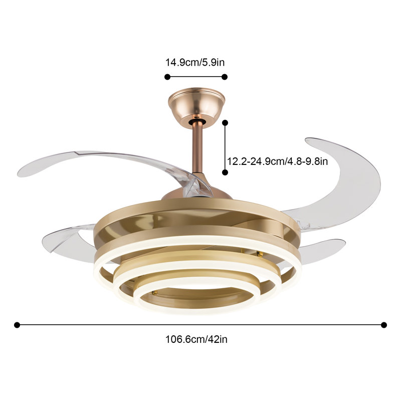 Gold Retractable LED Ceiling Fan Chandelier with Remote Control
