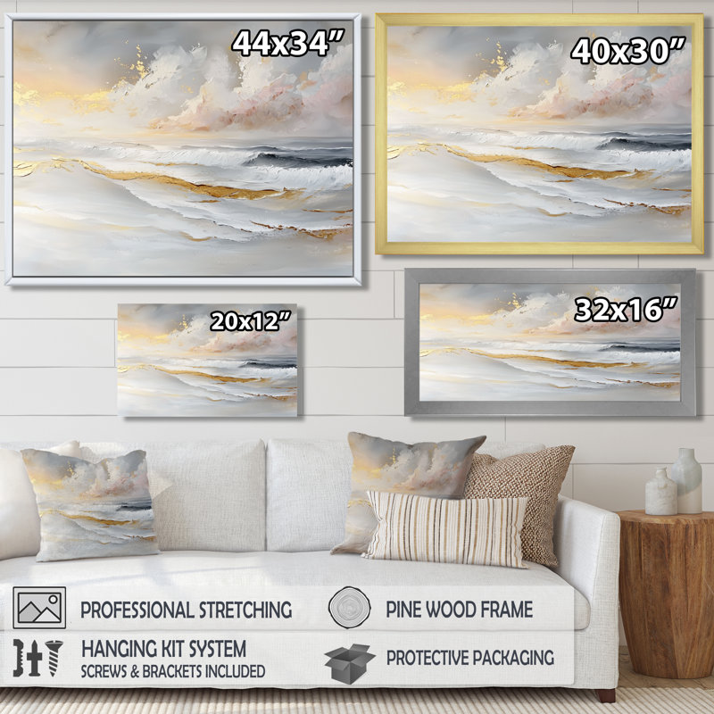 Minimalisme, plage dorée pure III - plage côtière, art mural, H 12 po x l 20 po, Cadre flottant, Doré