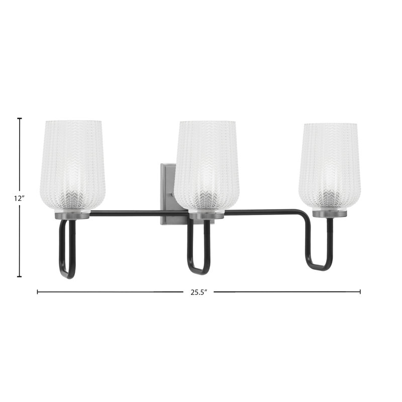 Barre d'éclairage de salle de bain 3 lumières Amarmula, noir mat et finition graphite, verre texturé transparent de 5 po