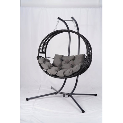 Double Hanging Egg Chair With Stand For Outdoor, Oversized 2 Person Wicker Rattan Swing Chair W/Convertible Armrest For Reclining Seat, All-Weather Cushion And Heavy Duty Frame, 700Lbs Cap. (Grey)