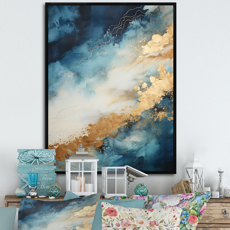«White and Blue Goldern Abstract River I», reproduction sur toile, Cadre flottant noir, H 40 po x l 30 po x P 1,5 po