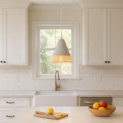 1 - Light White Textured Cone Pendant Light with Woven Rattan Detail