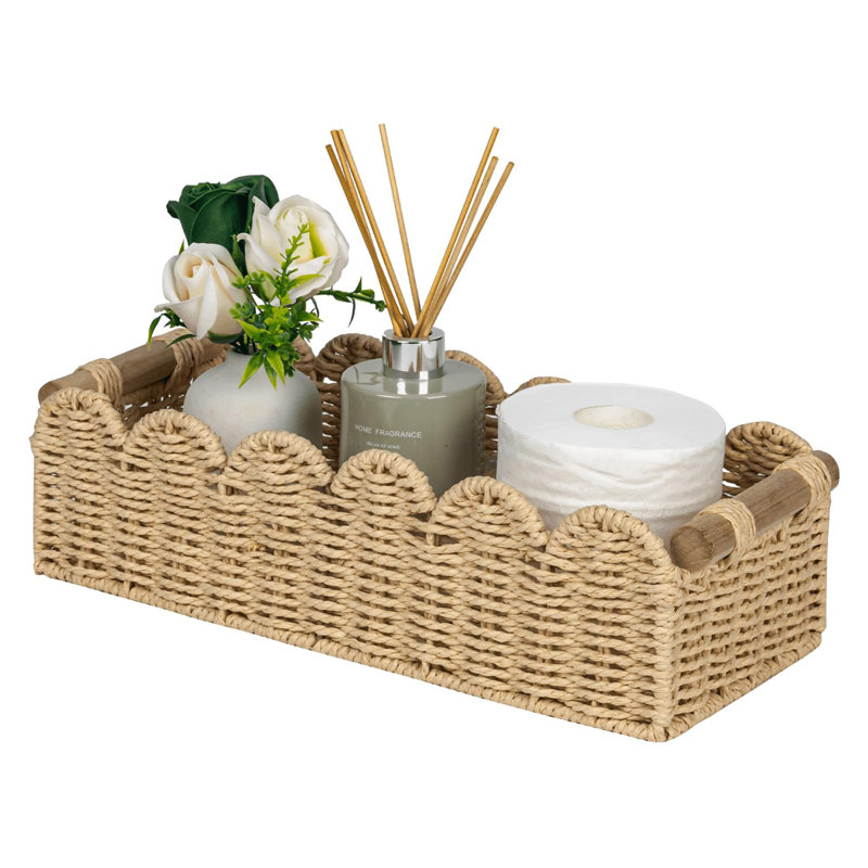 Scalloped Paper Rope Storage Basket, Decorative Shelf Basket With Wooden Handles, Natural