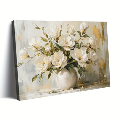 Nature morte en vase de magnolia sur toile - Décoration murale minimaliste et neutre à motif floral
