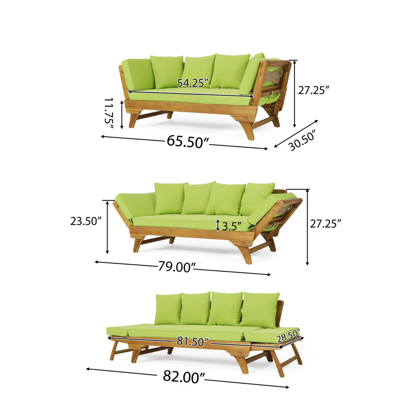 Flex Outdoor Daybed, 65 Inch Teak Brown Acacia Wood, Green Cushions, Teak Brown, Green