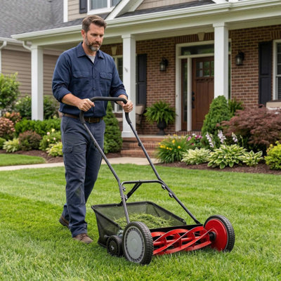 Eco-Friendly No-Power 18-Inch Manual Push Reel Lawn Mower With 4-Height Position Adjustable Cutting Settings & Removable Large Capacity Grass Catcher
