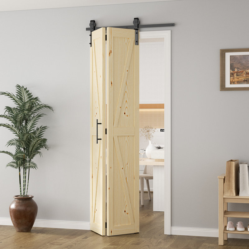 Porte de grange pliante de style K en bois de pin massif 84 po avec quincaillerie, 30 po x 84 po, 2