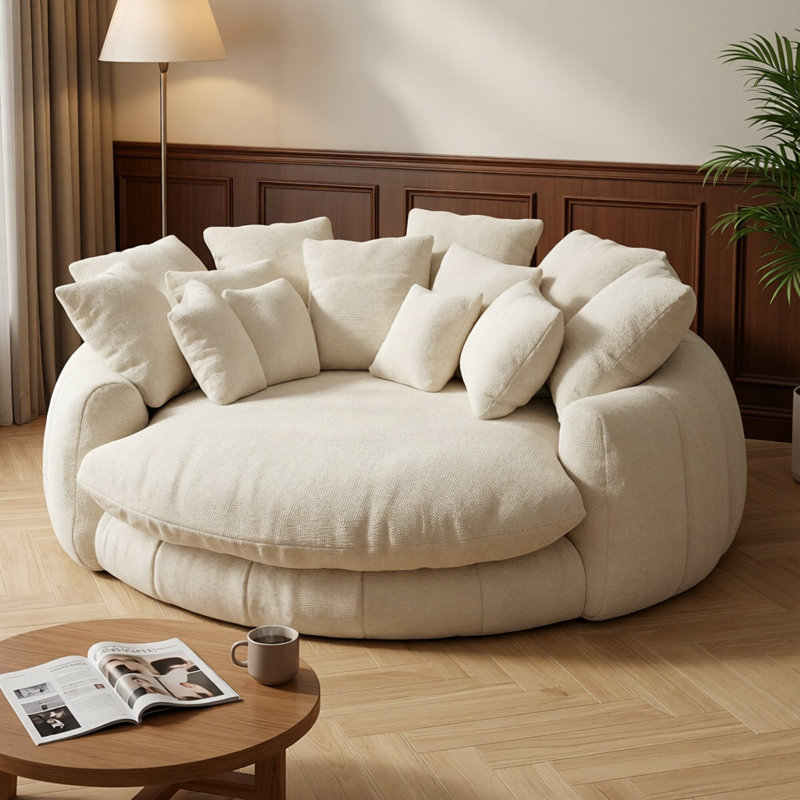 Causeuse ronde surdimensionnée, causeuse 65 po x 71 po, tissu chenille beige, fauteuil de détente pour le salon