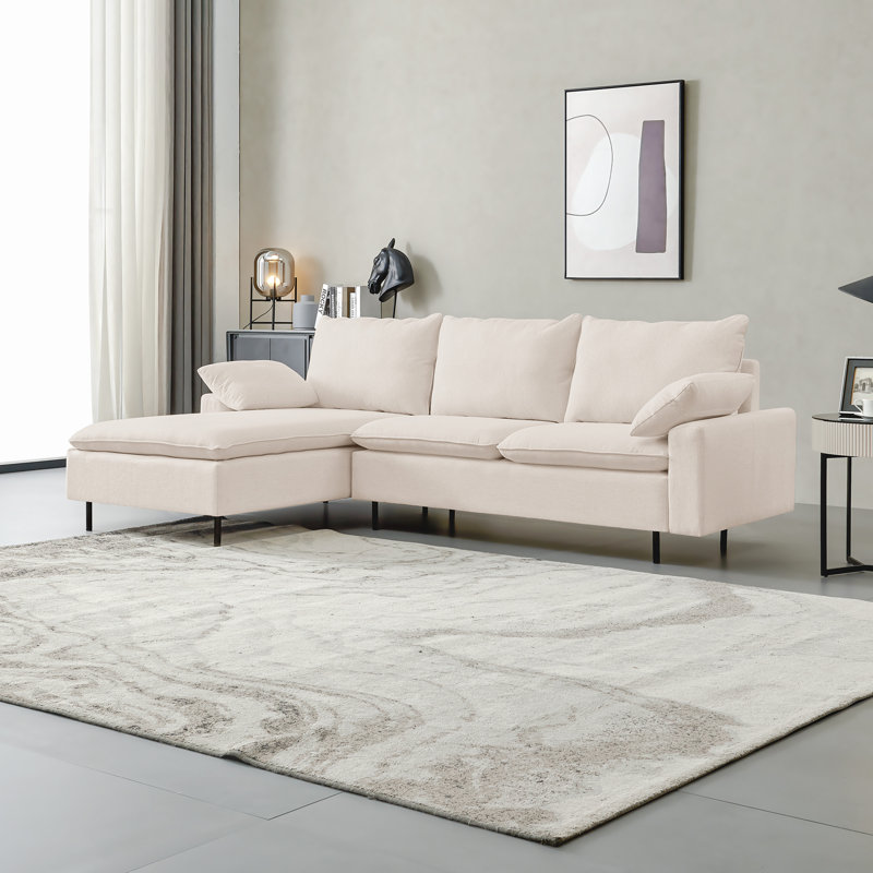 Canapé modulaire en lin beige avec méridienne droite, coussins épais et sièges élégants, facile à assembler