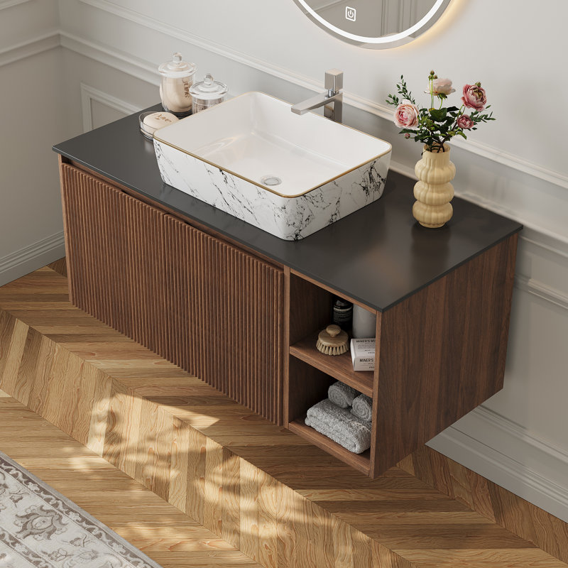 36 " Modern Floating Bathroom Vanity With White Rectangle Sink, Wall-mounted Storage Cabinet With 1 Cabinet And 2 Open Compartments, Black Faux Marble Table Top
