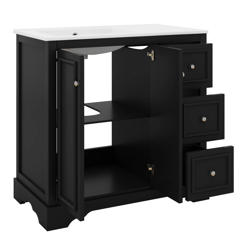Ensemble de meuble-lavabo autoportant 36 po avec 3 tiroirs et 2 portes avec tablette réglable en forme de U et meuble-lavabo en bois 36 po