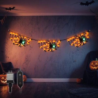 52.4" Led Halloween Spider Web Lights With Green Spiders, Orange Led Webs, 3 Webs/set, Indoor And Outdoor Use For Spooky Halloween