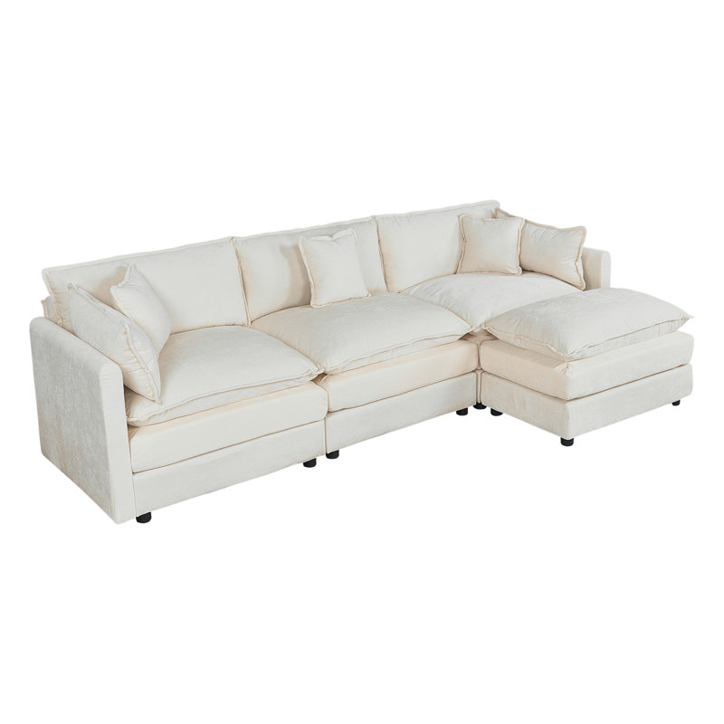 Canapé-lit en chenille moderne avec repose-pieds, Chenille beige, H 33,85 po x l 112,2 po x P 35,82 po