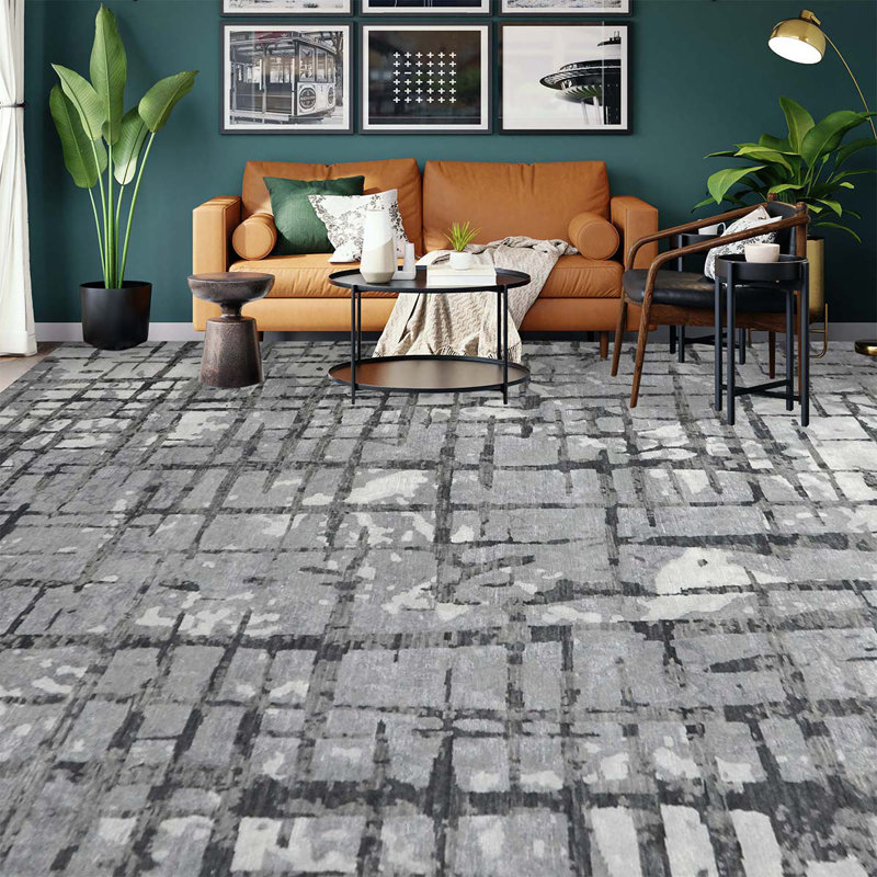 Tapis abstrait argenté / gris anthracite tissé à la main Windsom, Rectangle 7 pi 9 po x 9 pi 9 po
